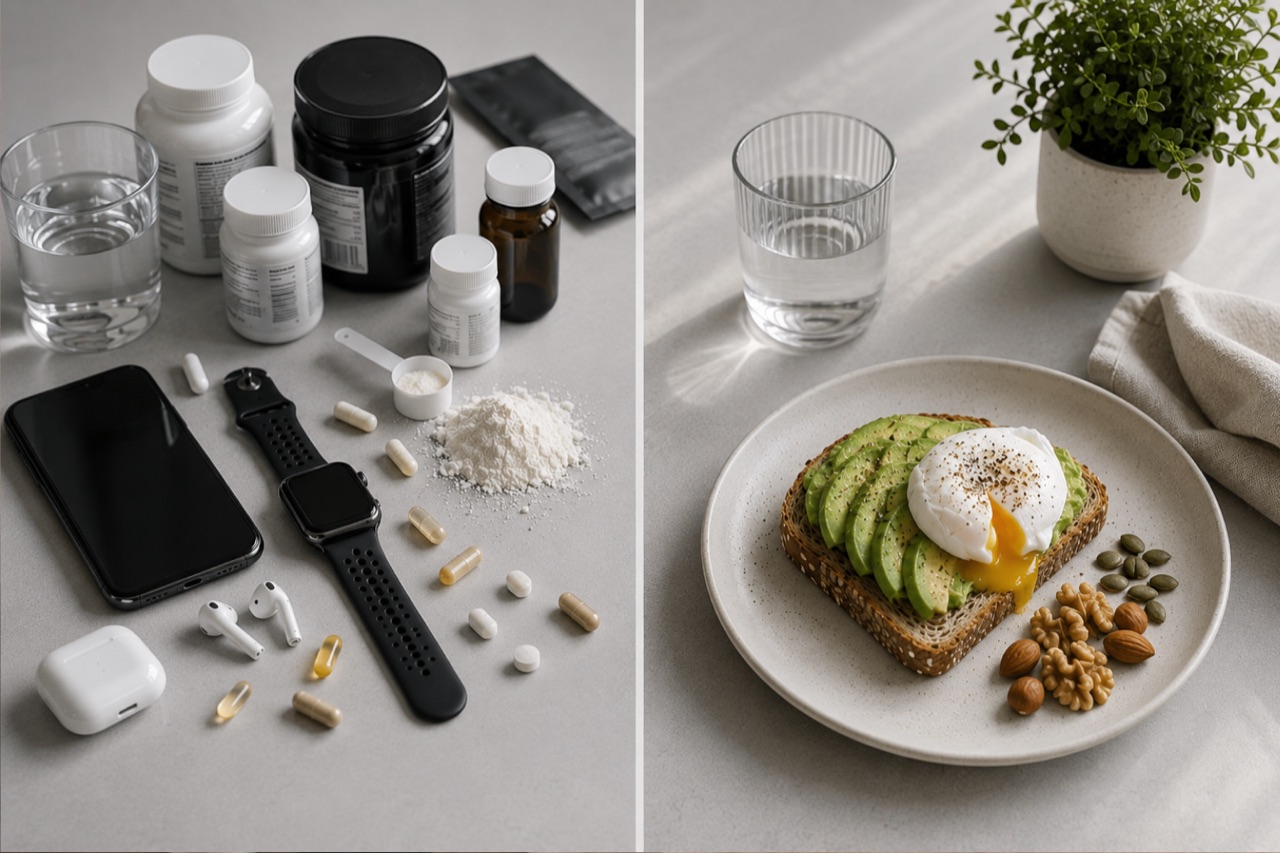 A two-panel comparison: supplement bottles, a phone, a smartwatch and earbuds laid out on the left, and a plate of avocado toast with a poached egg, nuts and a glass of water on the right