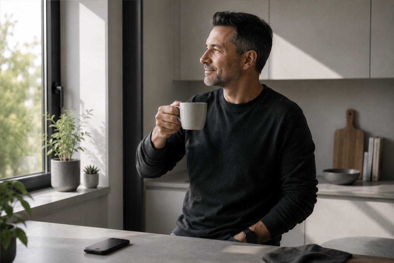 A man stands by a window with a plain ceramic cup, phone left on the table