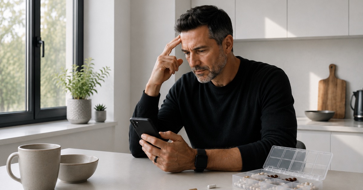 A man checks a fitness ring and phone at a kitchen counter beside a pill organizer