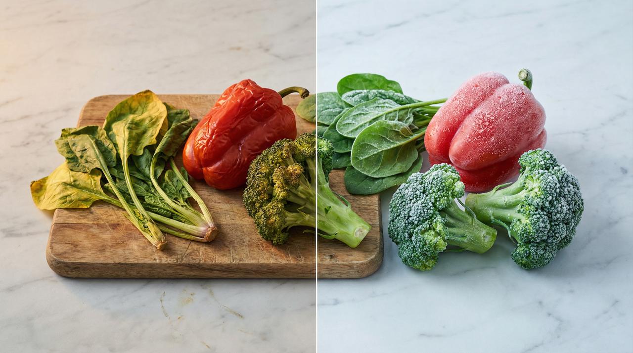 Side by side: wilted vegetables on a cutting board vs vibrant frozen vegetables — the difference preservation makes