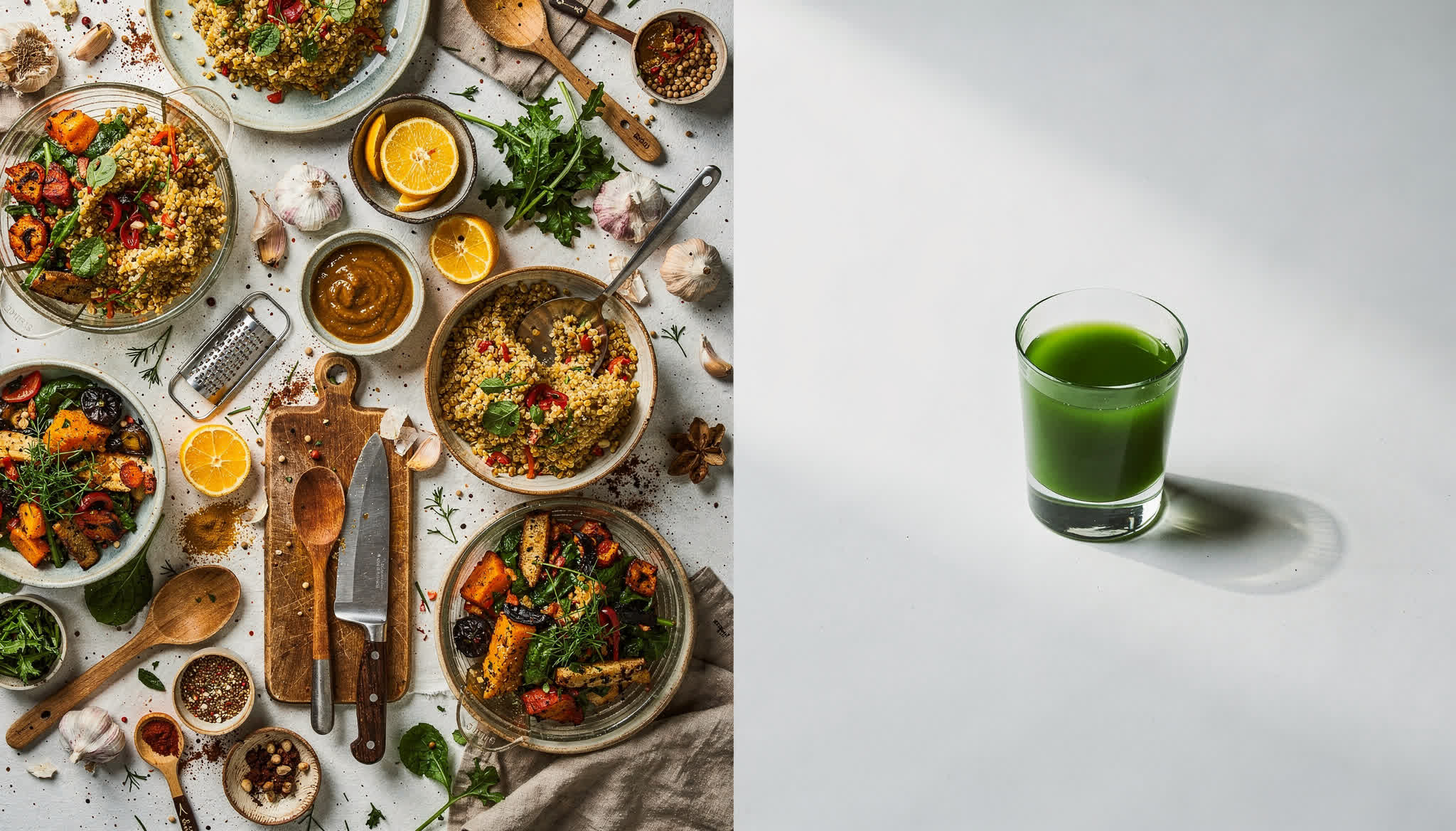 Elaborate meal spread versus a single glass of green liquid — complexity versus simplicity