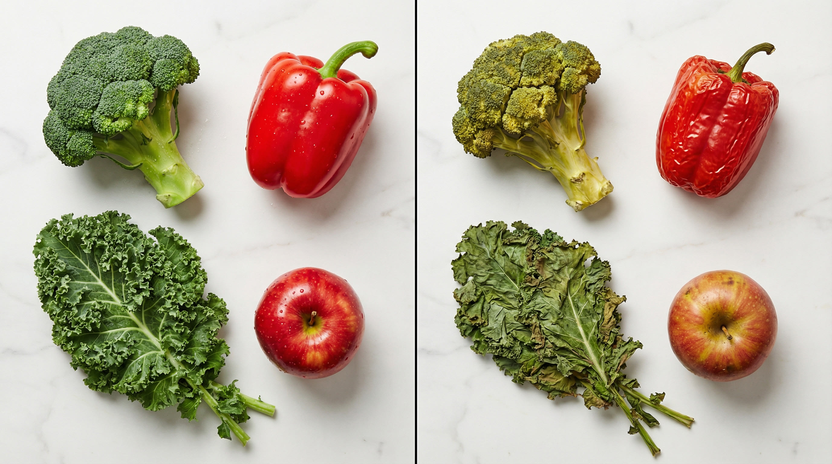 Fresh vegetables vs same vegetables five days later — side by side comparison