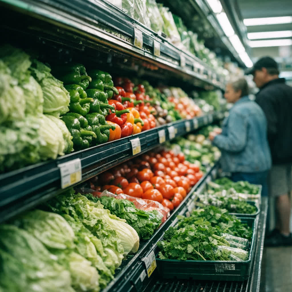 Grocery store produce section with rows of vegetables under fluorescent lighting
