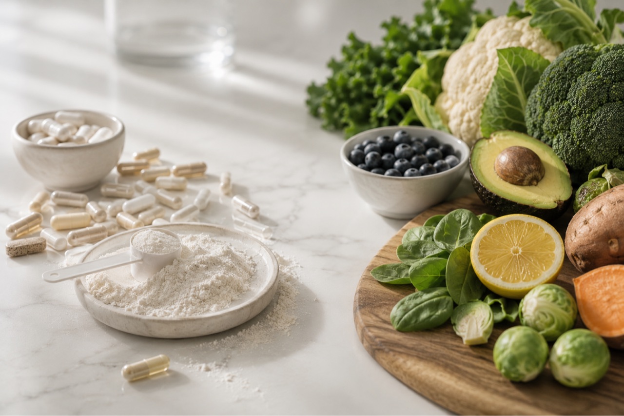 Bowls of capsules and a scoop of white powder on a kitchen counter beside a wooden board of whole vegetables and fruit — kale, cauliflower, broccoli, avocado, spinach, blueberries and sweet potato