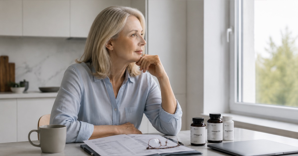 A man in his fifties at the kitchen table with lab printouts and set-aside supplement jars