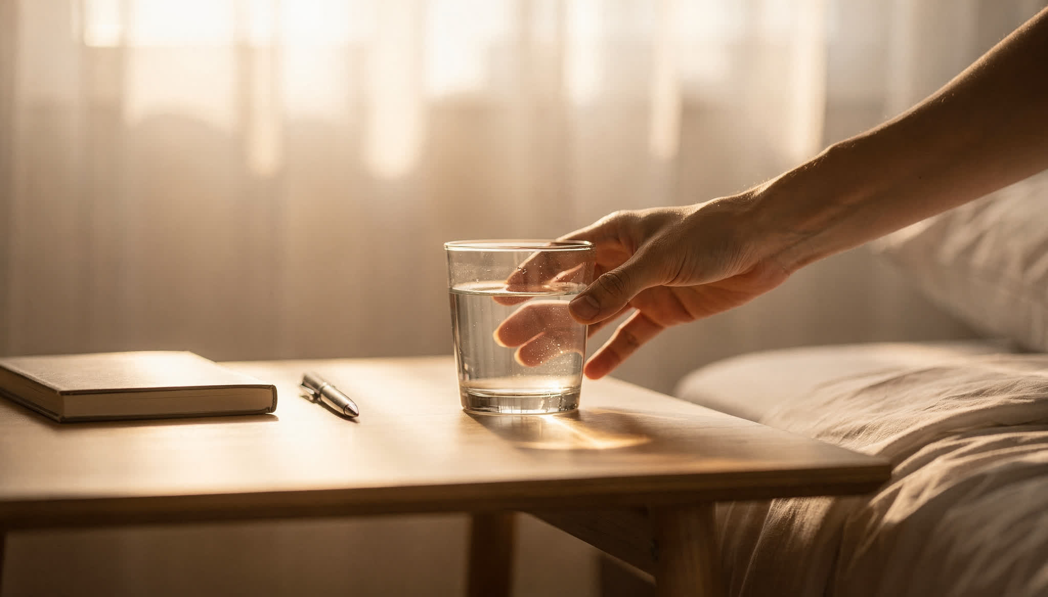 Hand reaching for a glass of water on a clean bedside table in soft morning light