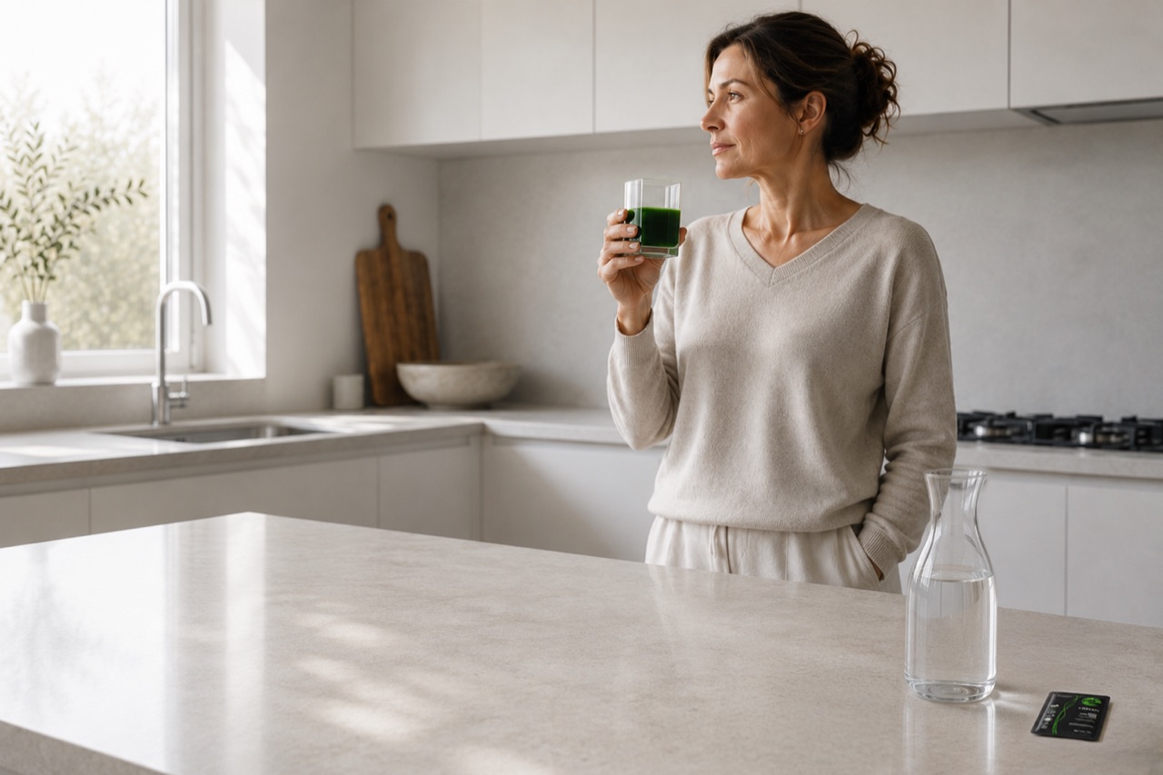 A prepared green whole-food drink and a single-serve sachet on a kitchen counter