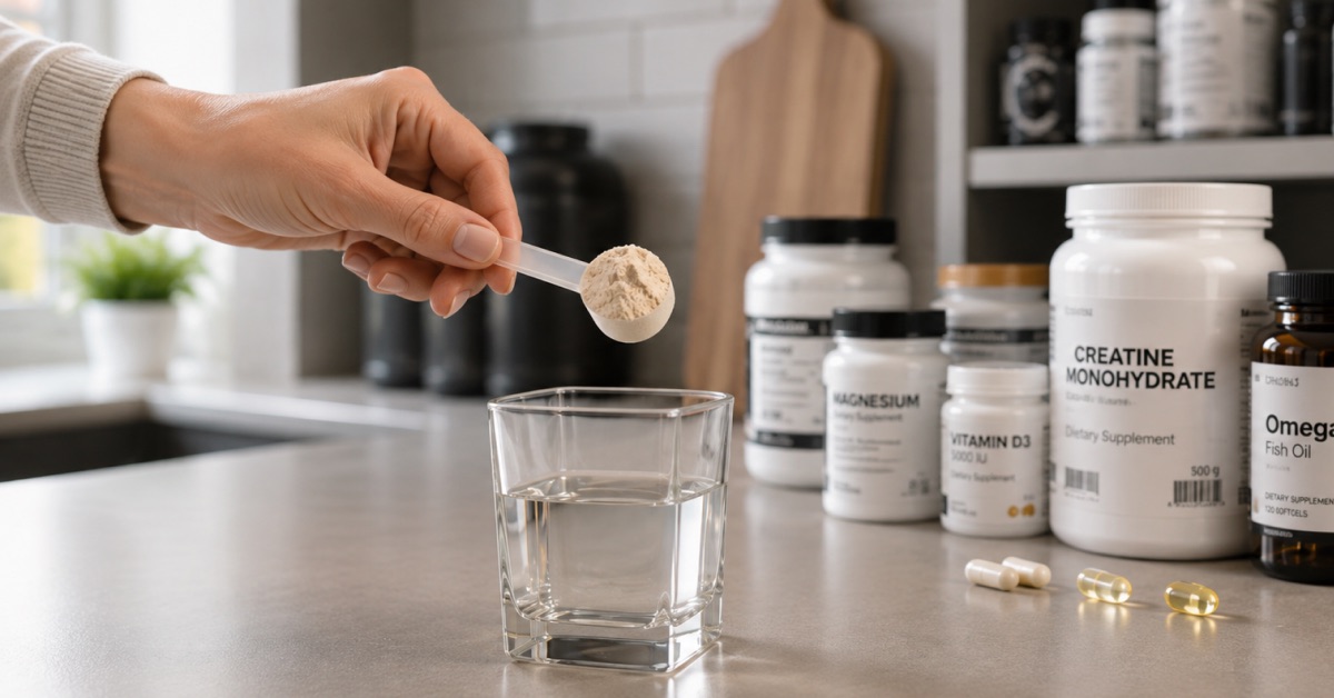 A hand holds a measuring scoop of powder over a glass of water by a shelf of supplement jars