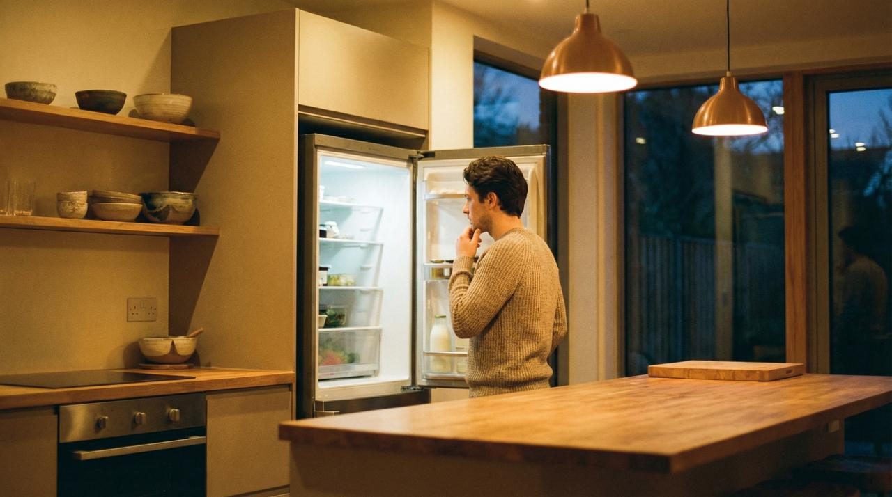 A quiet evening kitchen scene — warm light, contemplative mood